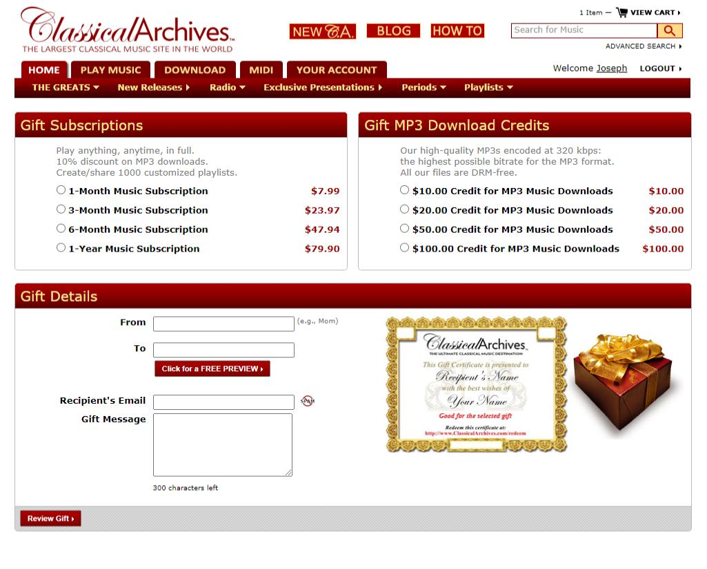 Classical Archives Gift Certificate
